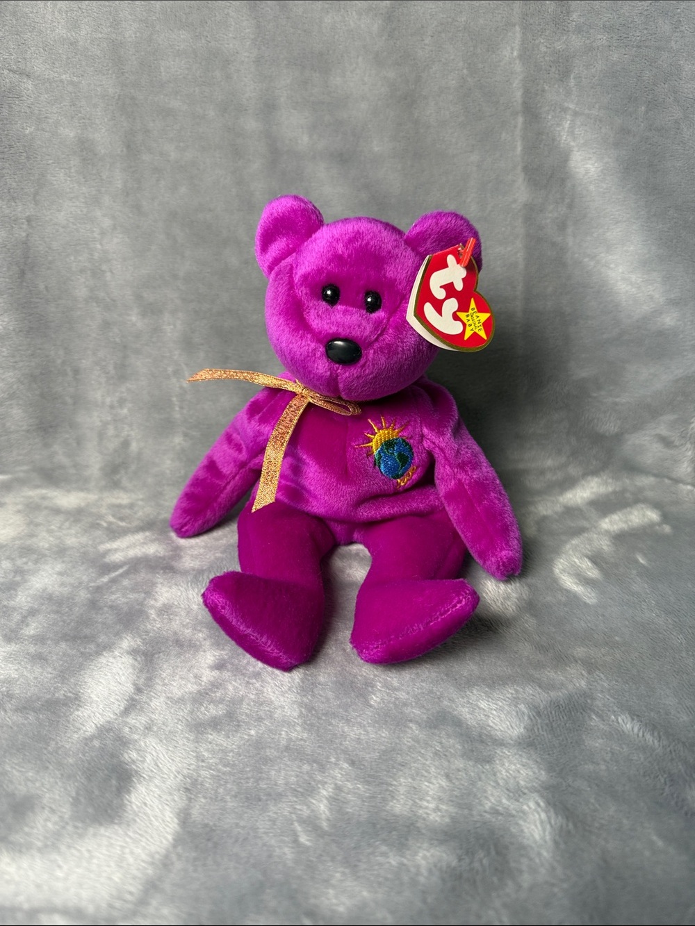 Ty Purple Beanie Baby Bear with Earth Embroidery and Gold Ribbon